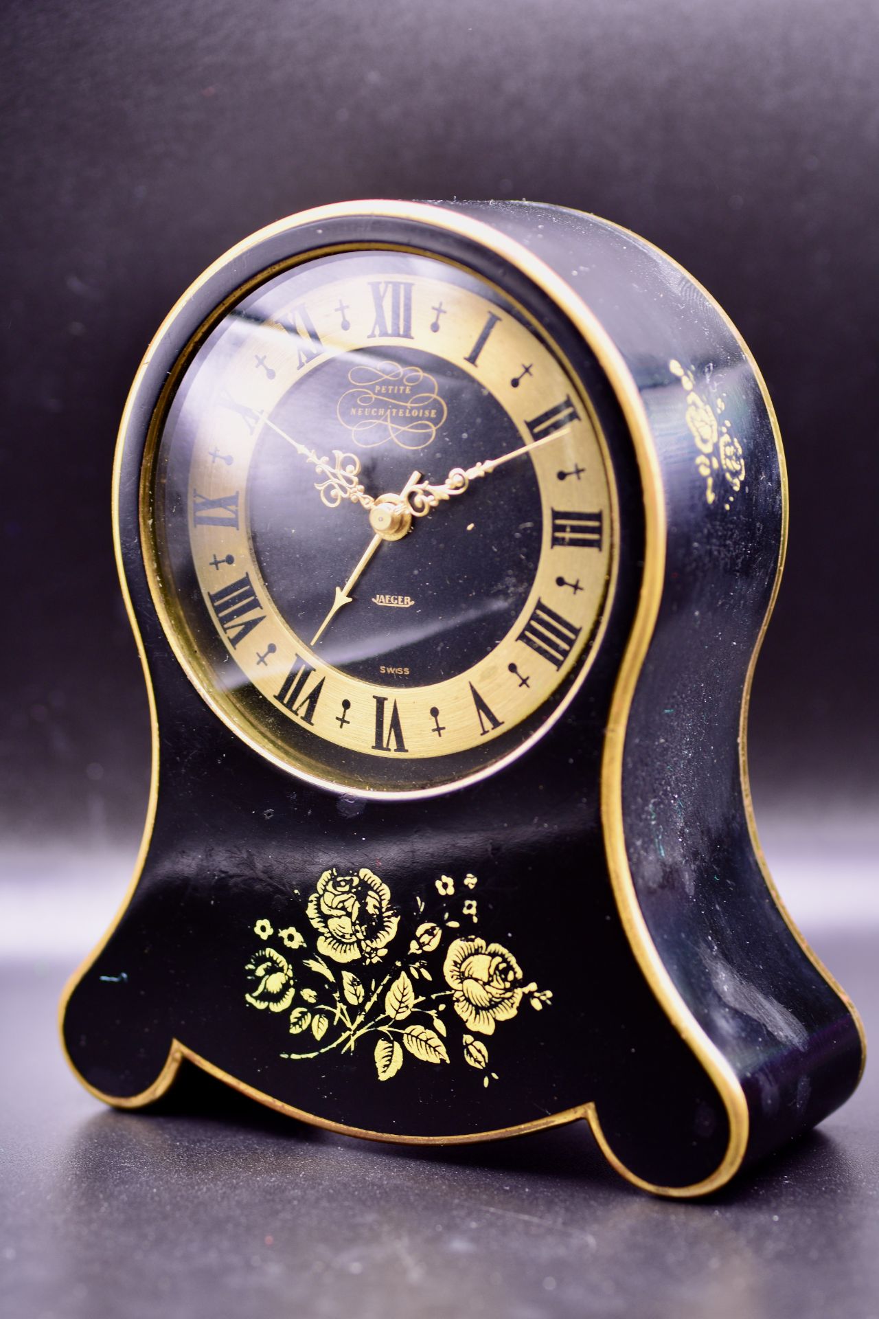 Jaeger "Petite Neuchâteloise" Musical Alarm Table Clock Swiss Black Enamel and Gilt-Decorated - Image 2 of 6