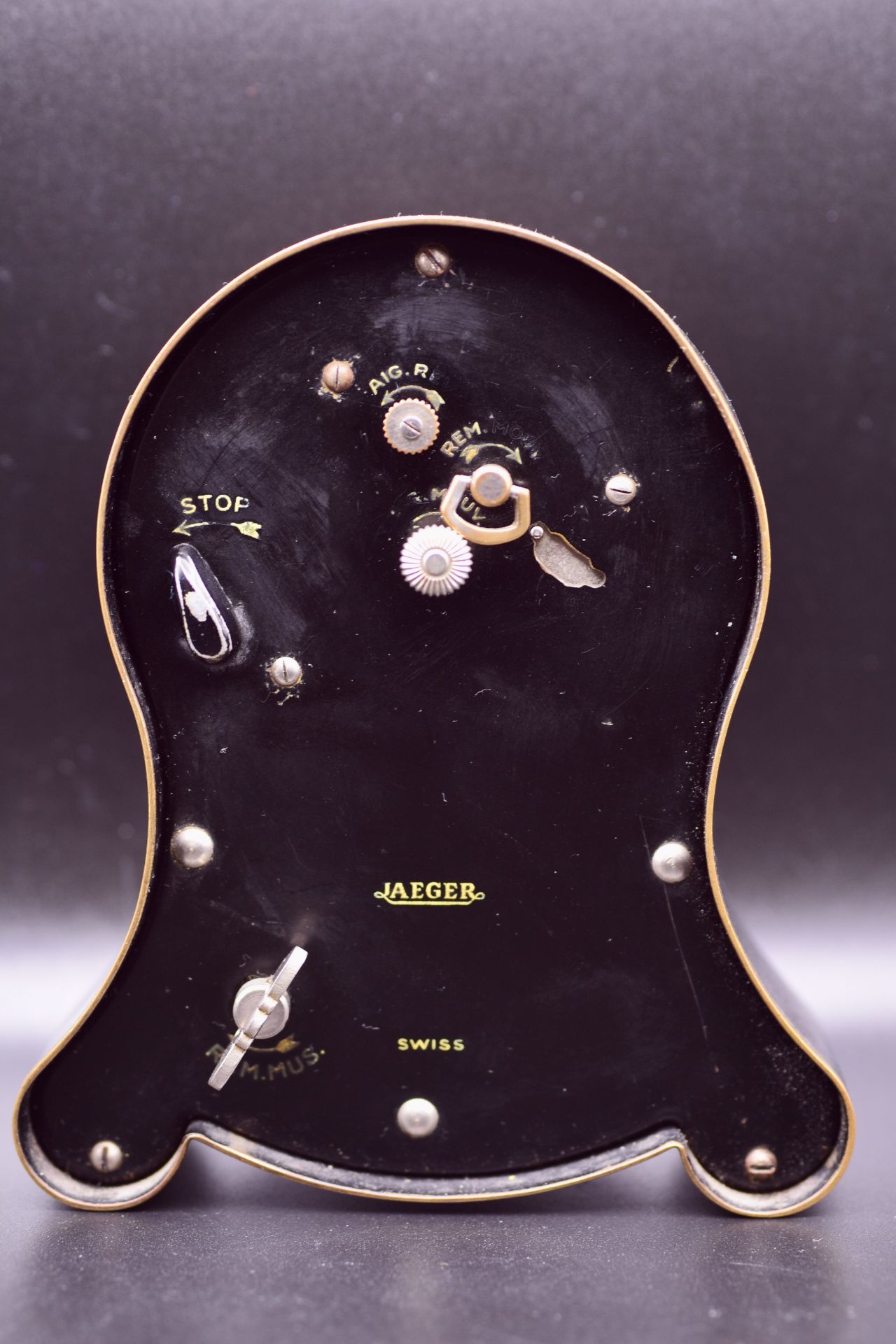 Jaeger "Petite Neuchâteloise" Musical Alarm Table Clock Swiss Black Enamel and Gilt-Decorated - Image 3 of 6