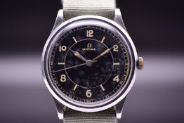 Omega Pre-WWII Military Style Steel Wristwatch Sterile Black Patina Dial Rare Calibre 23.4 SC