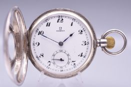 Omega Silver Half Hunter Edwardian Pocket Watch with Blue Enamel Chapter Ring, c.1910
