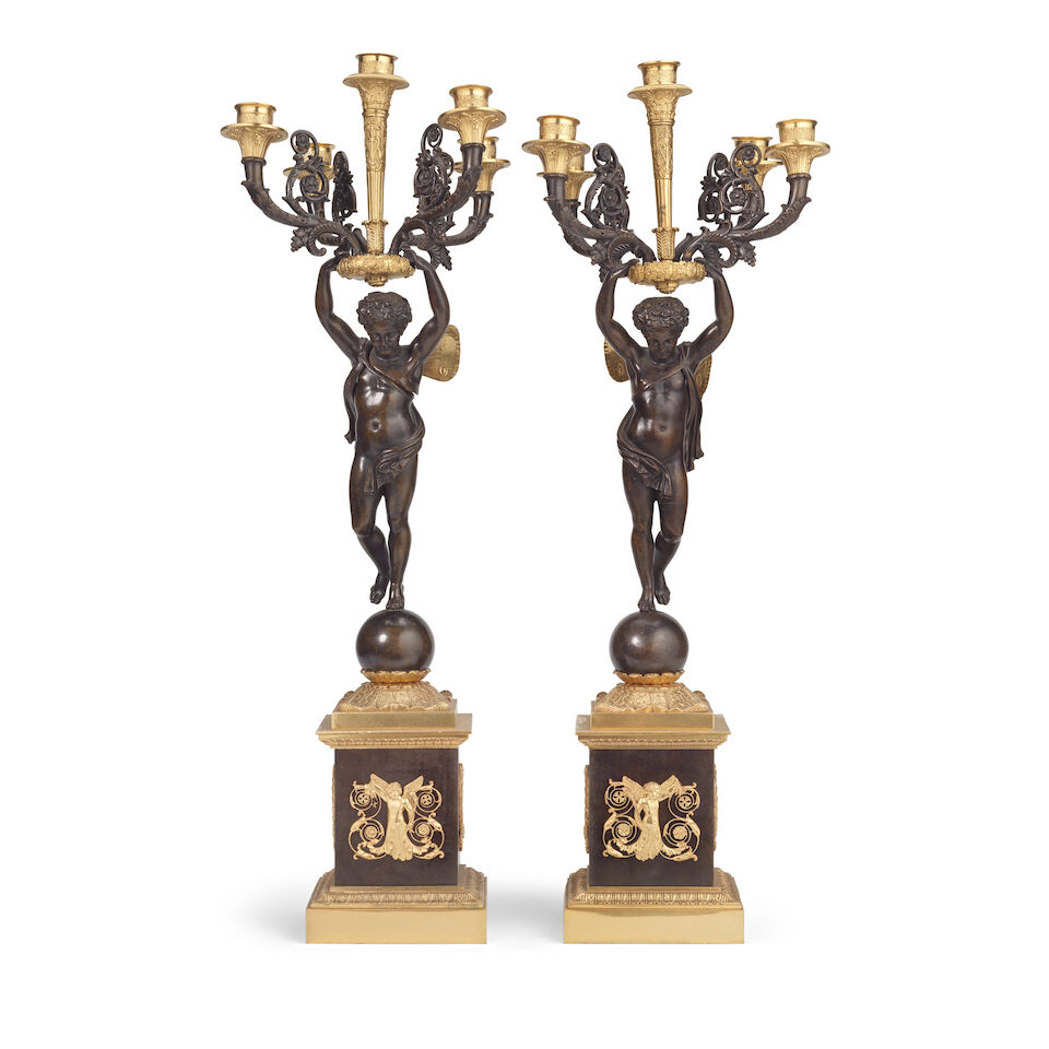 A pair of late 19th century French gilt and patinated bronze figural ...