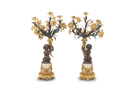 A pair of late 19th century French gilt and patinated bronze five-light ...