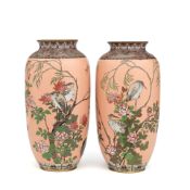 A pair of Japanese pink ground cloisonné vases Probably late Meiji (1680-1912) or Taish!...