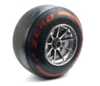 A Red Bull Racing RB16 front left wheel with Pirelli tyre, from Max Verstappen's car,
