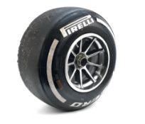 A Red Bull Racing RB16 front right wheel with Pirelli tyre, from Max Verstappen's car,