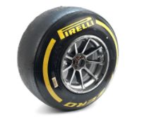 A Red Bull Racing RB16 front left wheel with Pirelli tyre, from Max Verstappen's car,