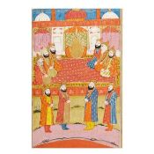 A manuscript illustration depicting a mystical flame in the alcove of a mosque, observed by nobl...