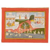 A scene from a Bhagavata Purana series: Krishna stealing the gopis' clothes and hiding them in a...