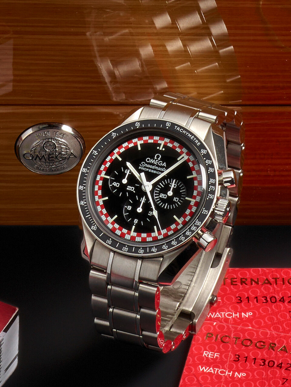 OMEGA. A LIMITED EDITION STEEL MANUAL WIND CHRONOGRAPH BRACELET WATCH Speedmaster 'Tintin', Ref:...