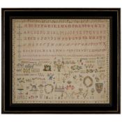 Framed Pictorial Cross Stitch Sampler possibly Midwestern United States, 1873