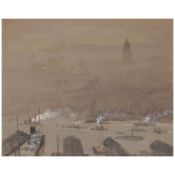 JOSEPH PENNELL (1857-1926) View of Manhattan and the Woolworth Building, East River 10 x 12 3/4 ...