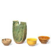 A GREEN-GLAZED POTTERY FLASK AND THREE GLAZED BOWLS Tang/Liao Dynasty (4)