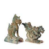 TWO LARGE GLAZED POTTERY MYTHICAL BEAST ROOF TILES Ming Dynasty (2)