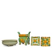 A SANCAI POTTERY INCENSE BURNER, A PAIR OF SANCAI GLAZED SQUARE DISHES AND A LONGQUAN CELADON IN...