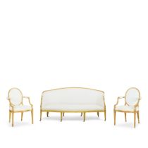 The Myrton Castle Suite: A George III carved giltwood suite to include a pair of sofas and a pai...