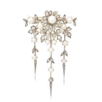 PEARL AND DIAMOND TRIPLE DROP BROOCH, CIRCA 1880