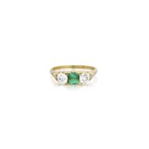 EMERALD AND DIAMOND THREE-STONE RING, CIRCA 1890