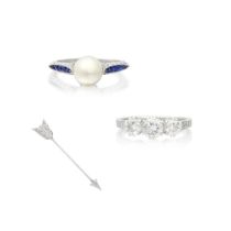 TWO RINGS AND A DIAMOND-SET JABOT PIN (3)