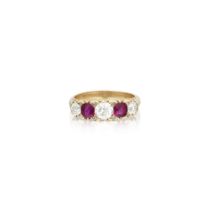 DIAMOND AND RUBY FIVE-STONE RING, CIRCA 1890