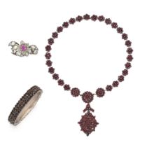 RUBY AND DIAMOND BROOCH AND GARNET NECKLACE AND BANGLE