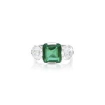 GREEN PASTE AND DIAMOND THREE STONE RING