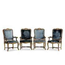 A set of four carved and painted fauteuils in the Louis XIV styleAcquired for Season 2, for the ...