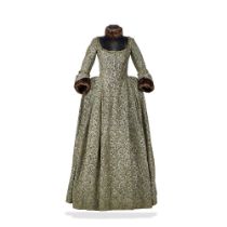 Brocade dress with fur choker, worn by Claire Season 1, Episode 10, 'By the Pricking of My Thumb...