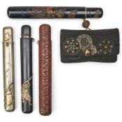 Four Pipe Cases and a Tobacco Pouch Japan, late Edo period (1615-1868) or Meiji era (1868-1912),...