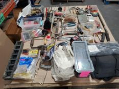 Pallet of assorted tools, tool pouch, bin, bits.