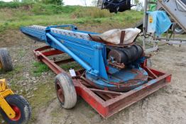 Blue metal elevator conveyor, approx 8m (l) x 0.6m (w) on mobile platform. Belt Unused.