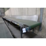 2007, Christiaens large s/steel belt conveyor with in-built motor, s/steel splashback, 14m (l) x 0.