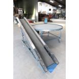Peal metal framed narrow belt conveyor 2.5m (l) x 0.28m (w) and steel lazy susan table.