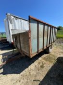 Metal framed single axle tipping trailer, 14' x 8'.