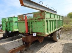 Twin axle tractor drawn tipping trailer, super singles, 17 foot (l) x 8 foot (w).