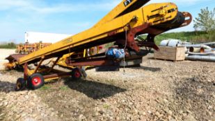 Fyson elevator cleated conveyor, yellow, approx 9m (l) x 0.5m (w).