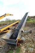 Fyson grey elevator cleated conveyor, approx 9m (l) x 0.5m (w).