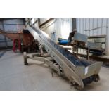 Mobile Metal framed elevator cleated belt conveyor, approx 9m (l) x 0.5m (w). New Belt in 2025.