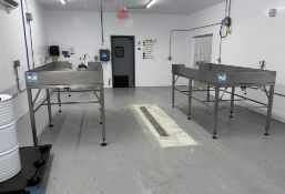 Lot Of (2) Stainless Steel Sorting Tables. Approximate 45" wide x 104" long x 8" deep x 47" tall.