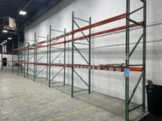 Lot: (6) sections 42" deep pallet racking x (7) 144" tall uprights x (24) 96" cross beams with grati