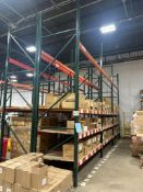 Lot: (3) sections 50" deep pallet racking x (4) 180" tall uprights x (24) 96" cross beams with grati