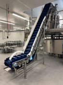 Ishida Scale Inclined Rubber Pleated Belt Feed Conveyor. Approximate 16" wide x 14' long incline wit