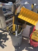 LOT TRASH CAN W/SHOVELS, RAKES, POST HOLE DIGGER, PICKS, SLEDGE HAMMER, ETC.