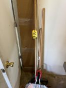 LOT RAKE, BROOM, DUST PAN & QTY. MATERIALS LEANING ON WALL