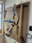 LOT PEG BOARD W/TOOLS, PAINT GUN AND SHELVING UNIT