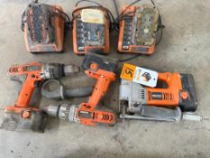 (2) Ridgid 18V Drills, Sabre Saw, (6) Batteries, (3) Chargers