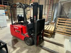 DESCRIPTION RAYMOND 4,000 LB. CAPACITY ELECTRIC FORKLIFT WITH SOLID CUSHION TIRES AND THREE STAGE MA