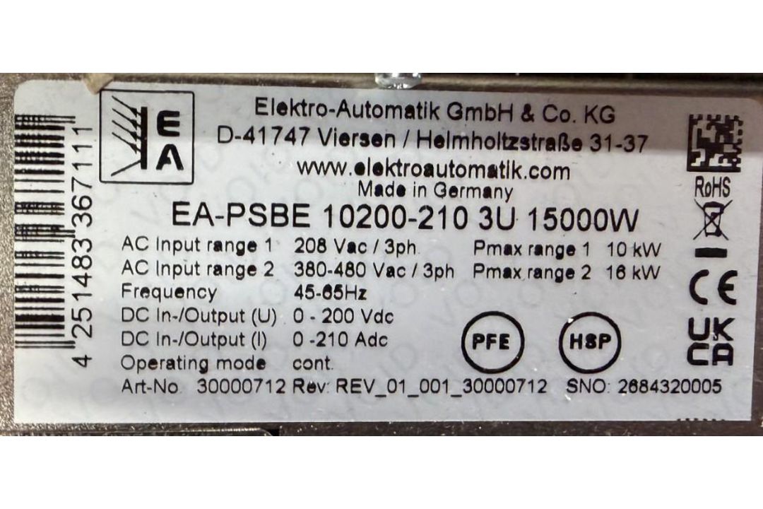 Lot of (2) Elektro-Automatik #EA-PSBE 10200-210 3U 15,000W Power Supply - Image 7 of 7