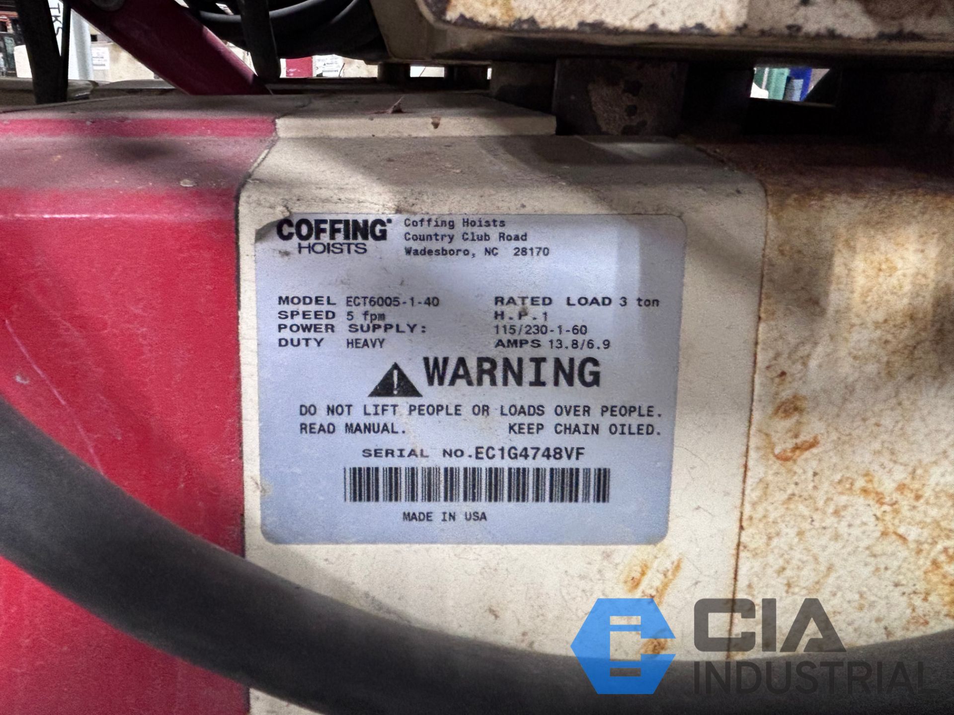 Coffing 3 TON COFFING TROLLEY TYPE ELECTRIC CHAIN HOISTS WITH SHIPPING RACK