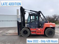 ****2022 TOYOTA 36,000 LB. MODEL THD3600S-24 DIESEL POWER PNEUMATIC TIRE FORKLIFT W/ 436 HOURS; S/
