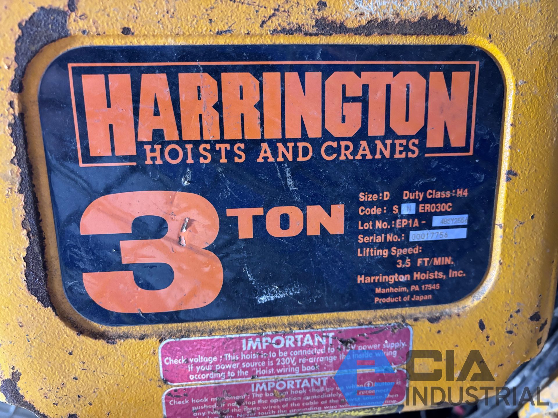 3 TON HARRINGTON TROLLEY TYPE ELECTRIC CHAIN HOISTS